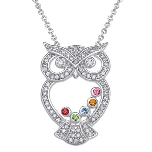 Silver Plated Family Birthstone Owl Pendant