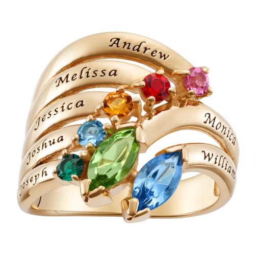 14K Gold over Sterling Parent and Child Name & Marquise Birthstone Ring