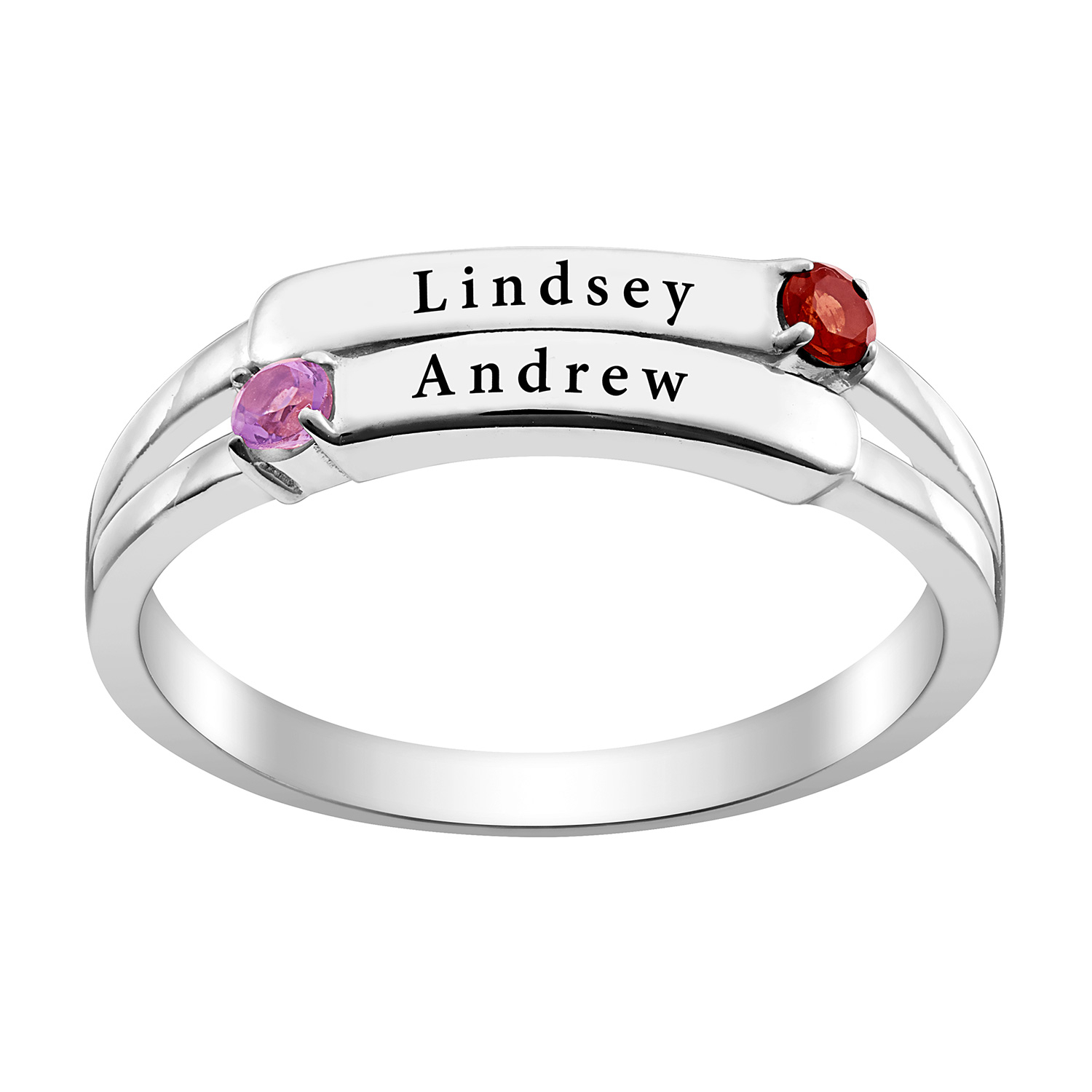 Sterling Silver Engraved Double Couple's Names and Birthstone Ring