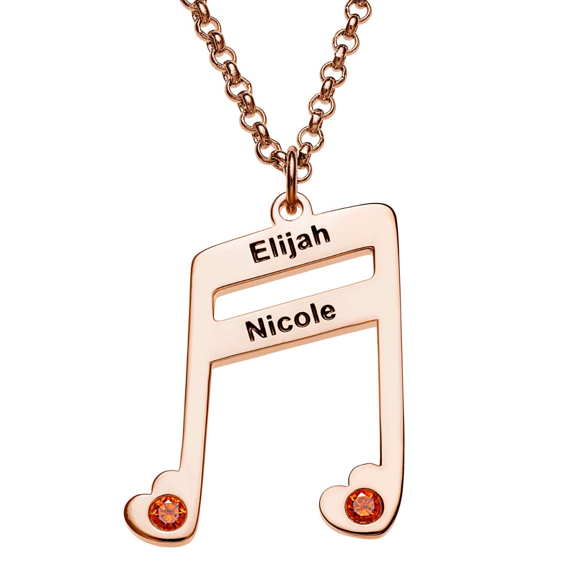 Rose Goldtone Sixteenth Musical Note Personalized Couple Name and Heart Birthstone Necklace