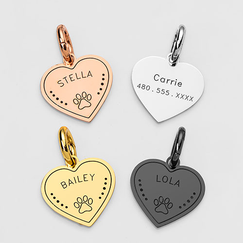 Stainless Steel Personalized Engraved Heart with Paw-Print Pet Tag