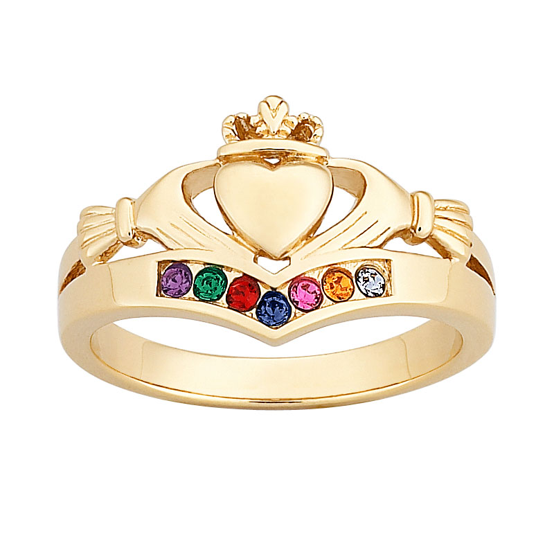 14K Gold over Sterling Family Birthstones Claddagh Ring