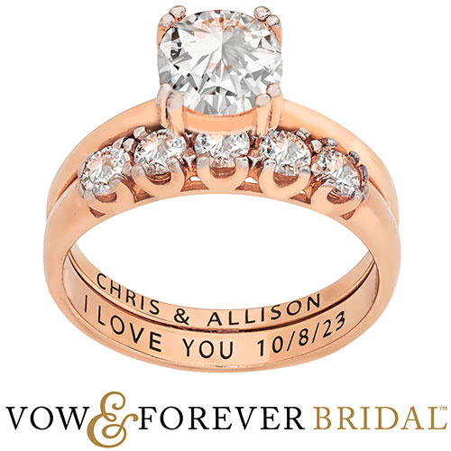 14K Rose Gold over Sterling Round White Topaz 2-Piece Engraved Set 1.25 ct solitaire, 2.5 ct total