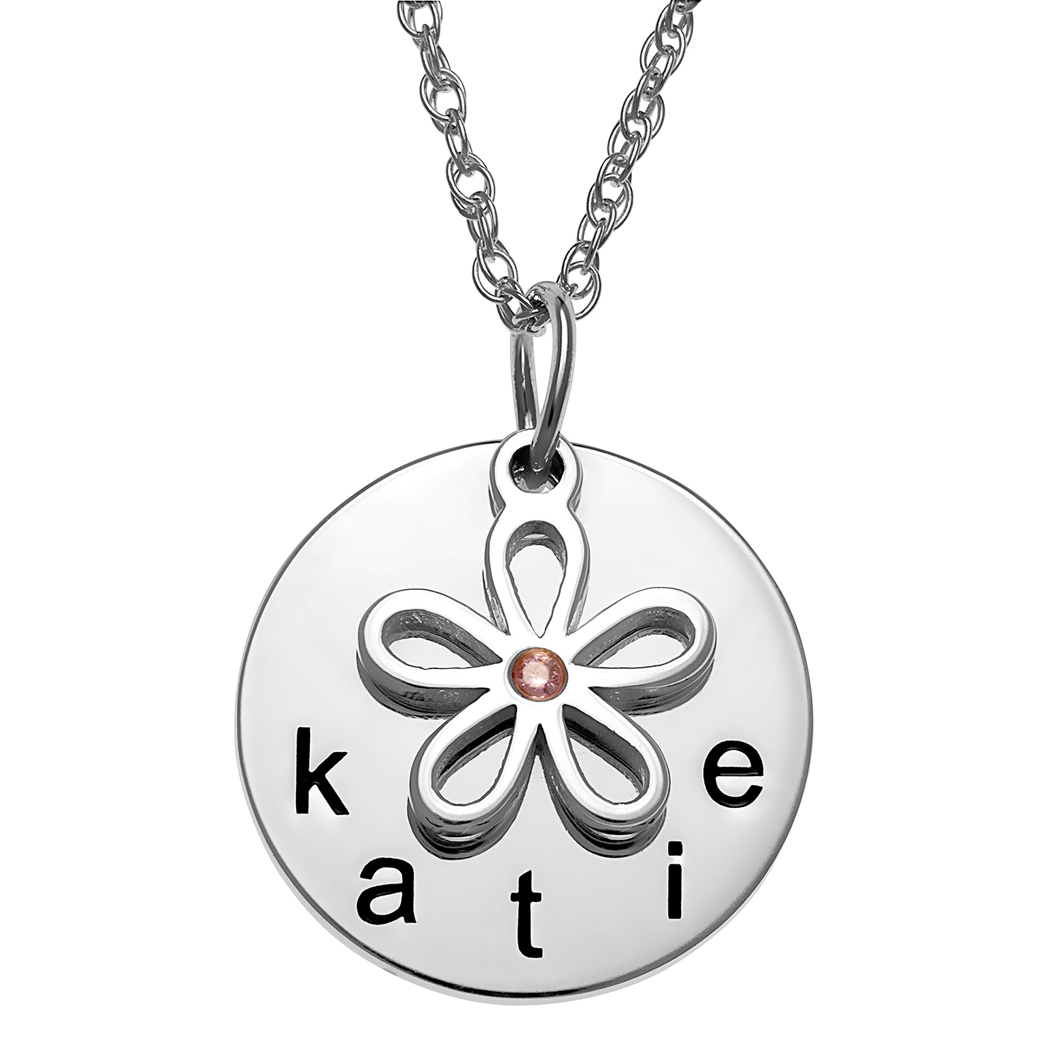 Sterling Silver Name Disc with Birthstone Flower Charm Necklace