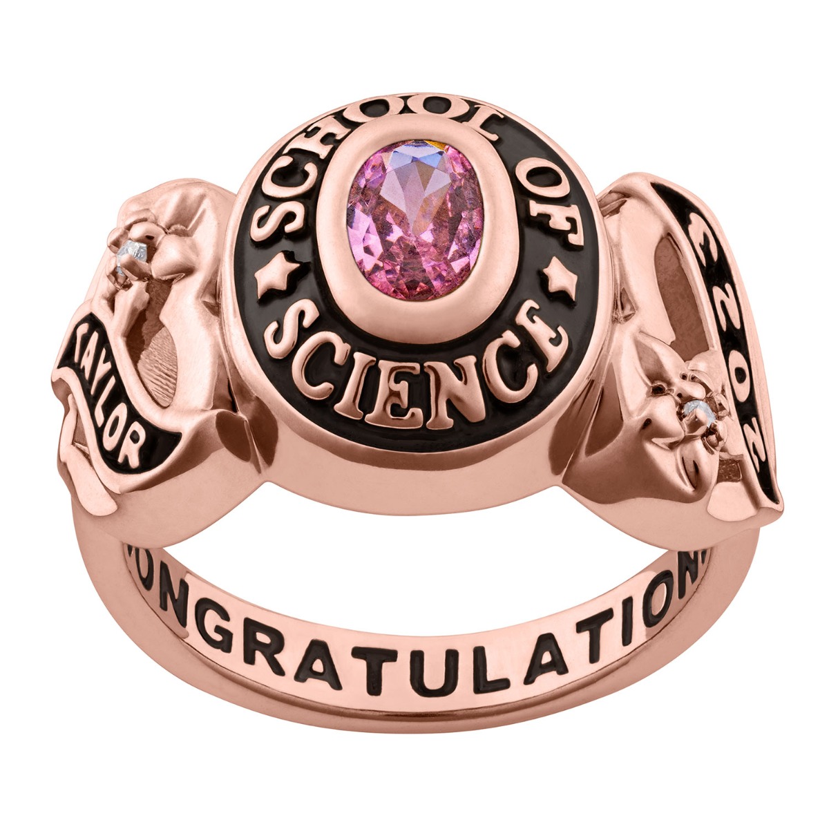 Ladies Rose Gold CELEBRIUM Sweetheart Birthstone Class Ring with Diamond Accents 