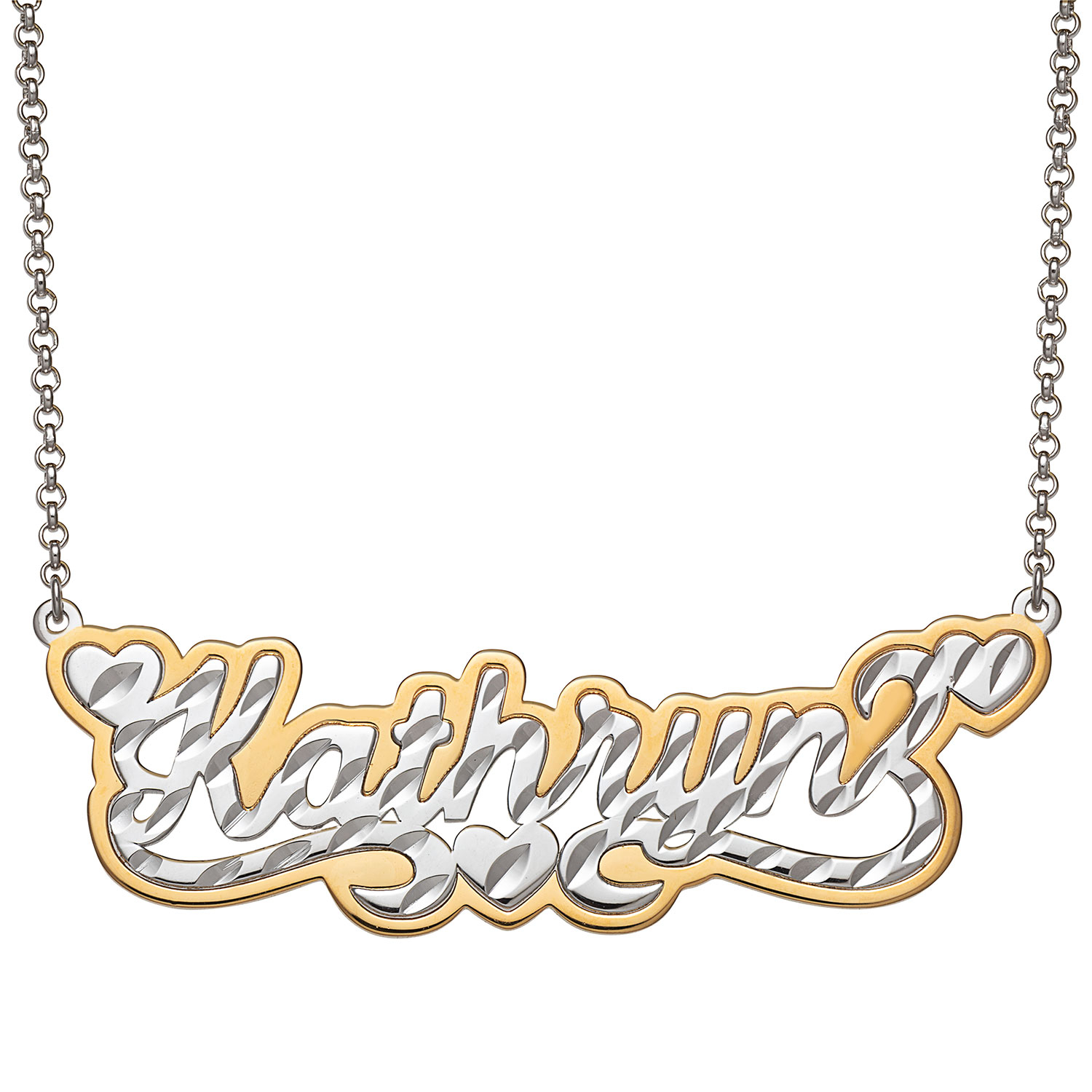Two-tone Sterling Silver  Name with Diamond Cut and Heart Swirl Necklace