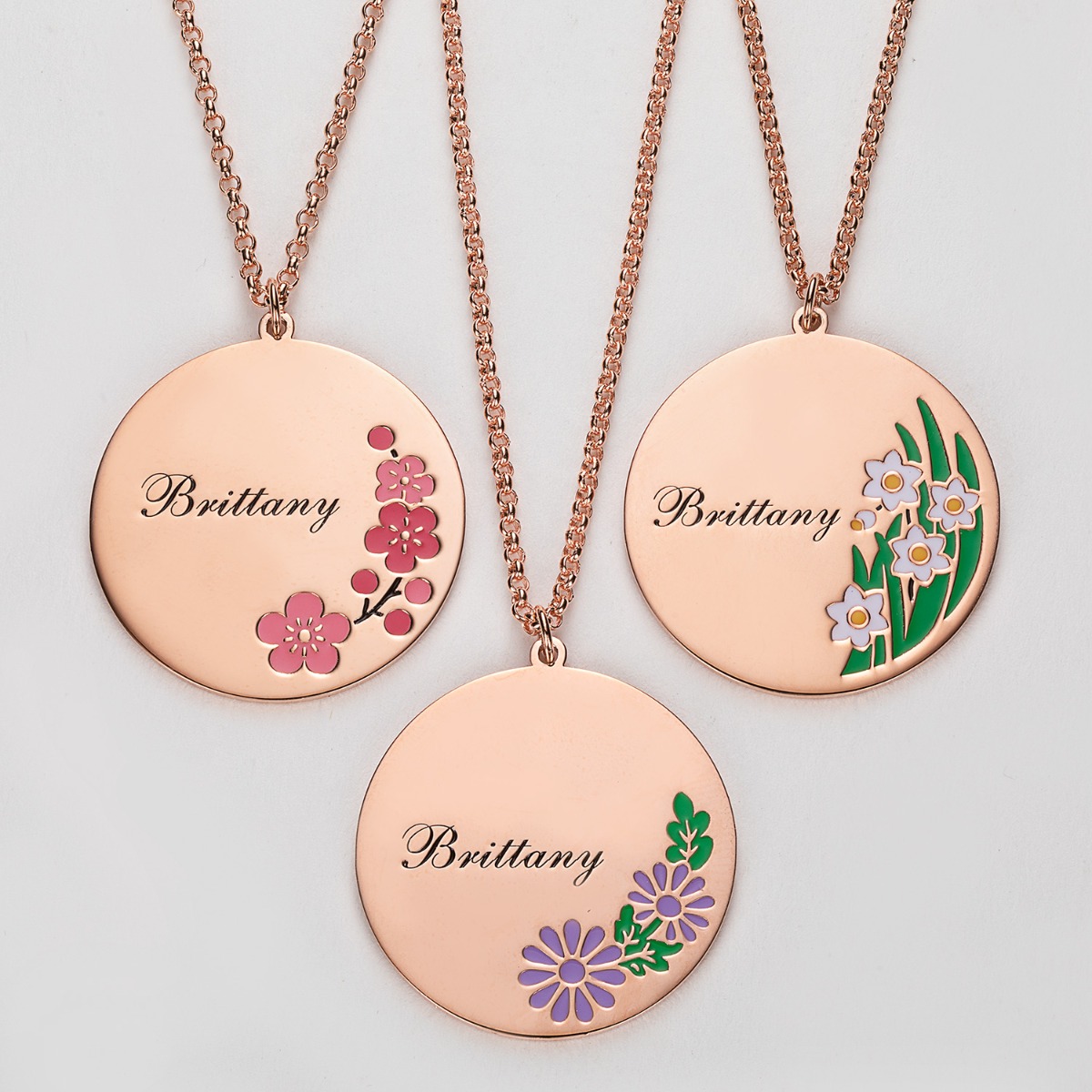 14K Rose Gold Plated Engraved Name and Enamel Birth Flower Necklace 