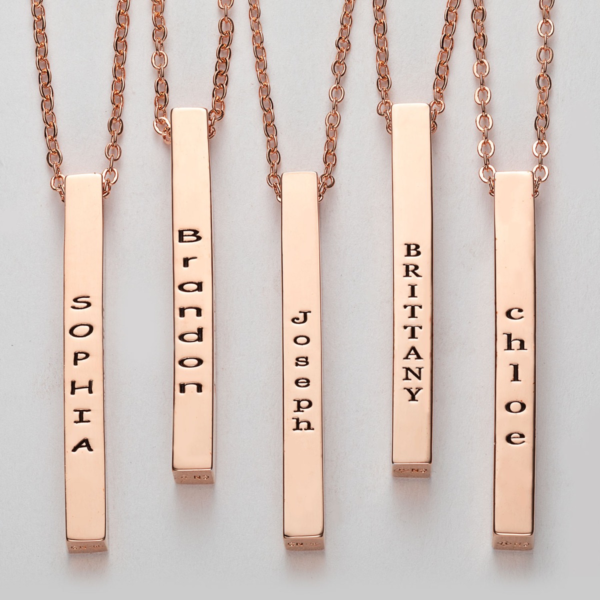 14K Rose Gold Plated Vertical 4-Sided Engraved Family Name Necklace