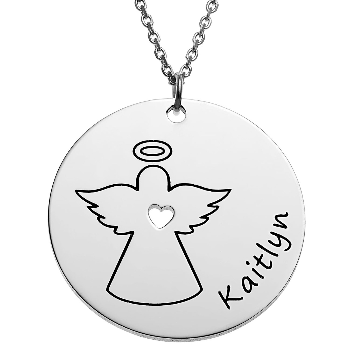 Silver Plated Engraved Name with Angel Disc Necklace