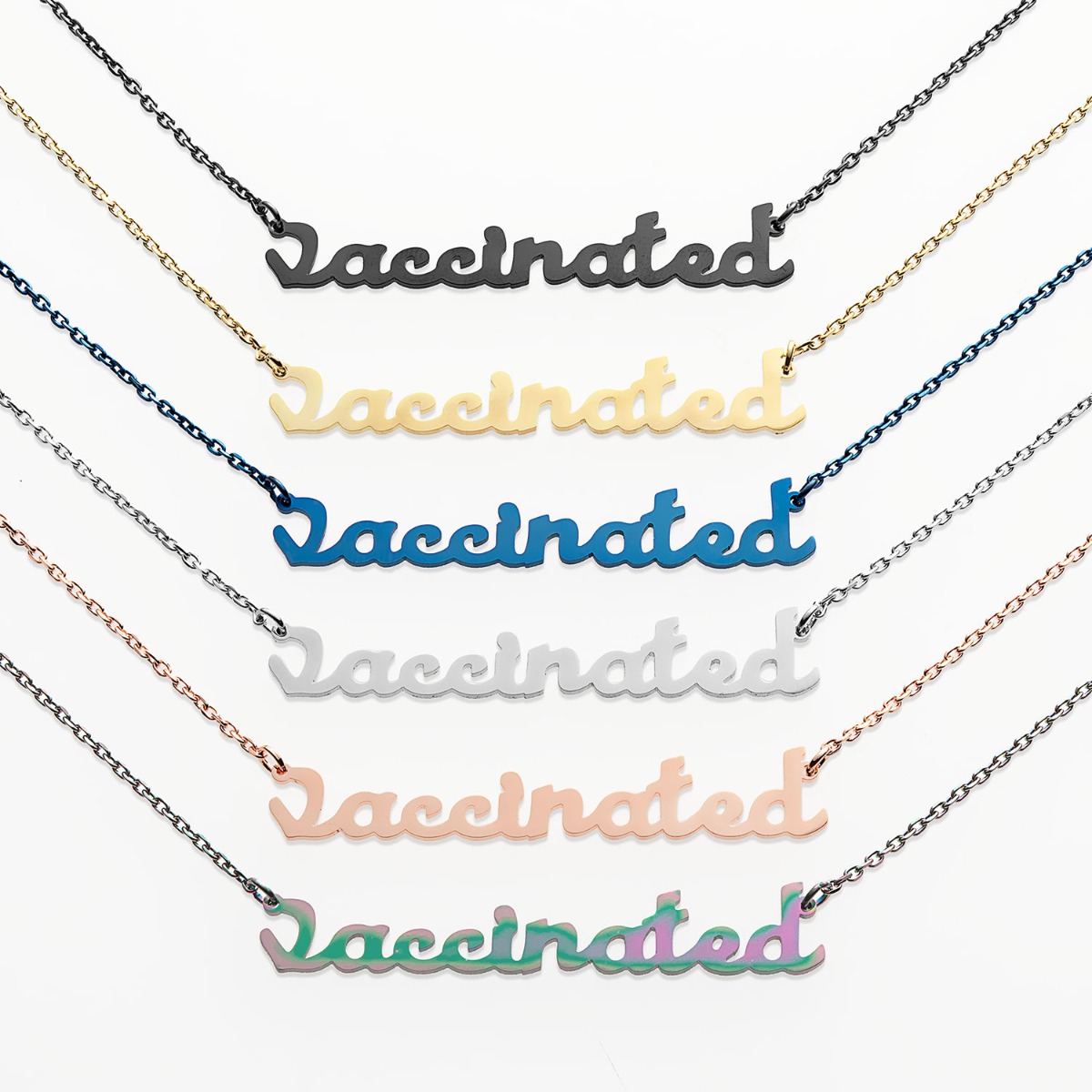 Stainless Steel Lowercase Script Vaccinated Necklace