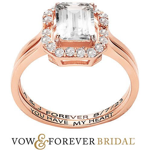 14K Rose Gold over Sterling Emerald Cut White Topaz 2 Piece Engraved Wedding Set 1.7 ct center stone 2.6 ct t.w.