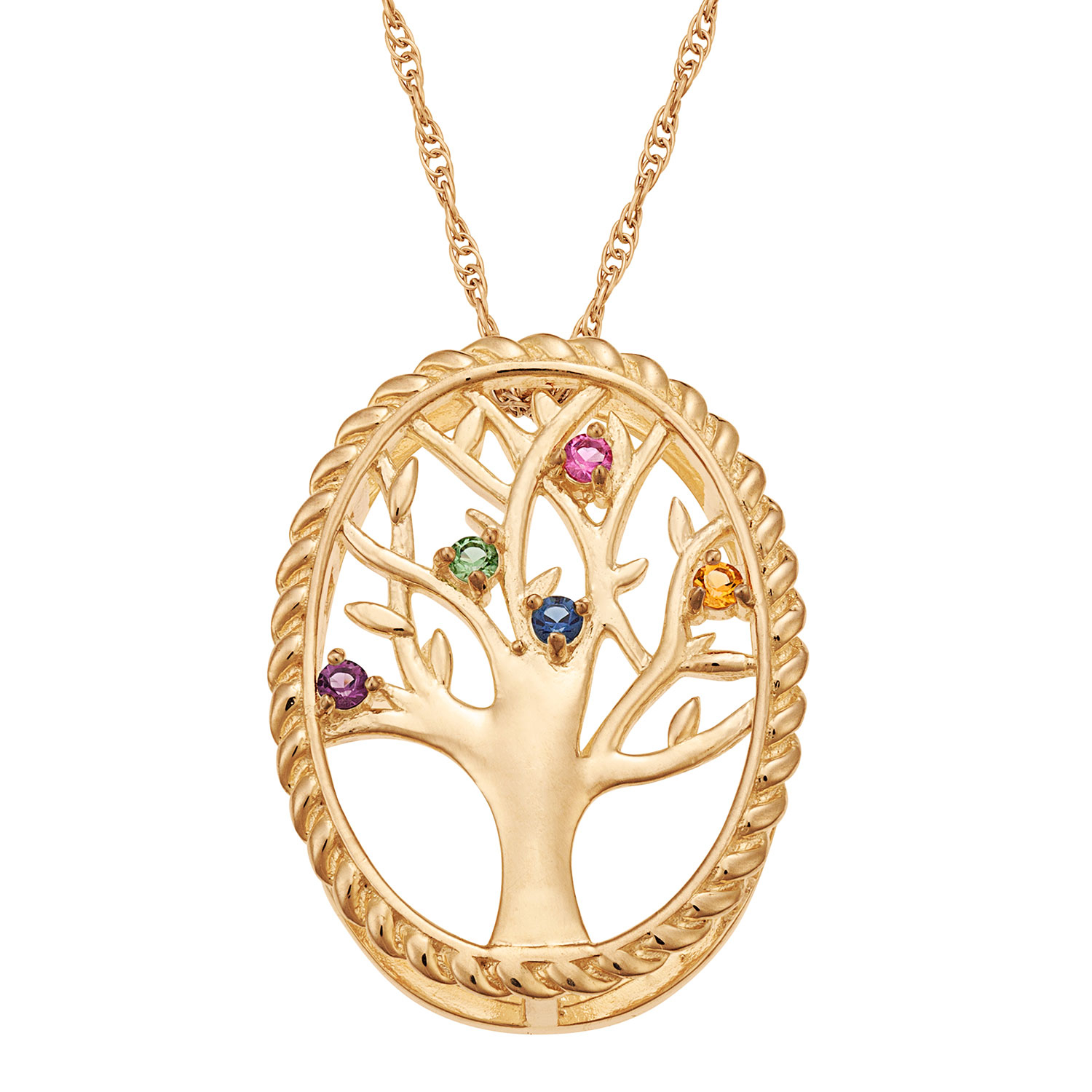 10K Yellow Gold Birthstone Family Tree Necklace