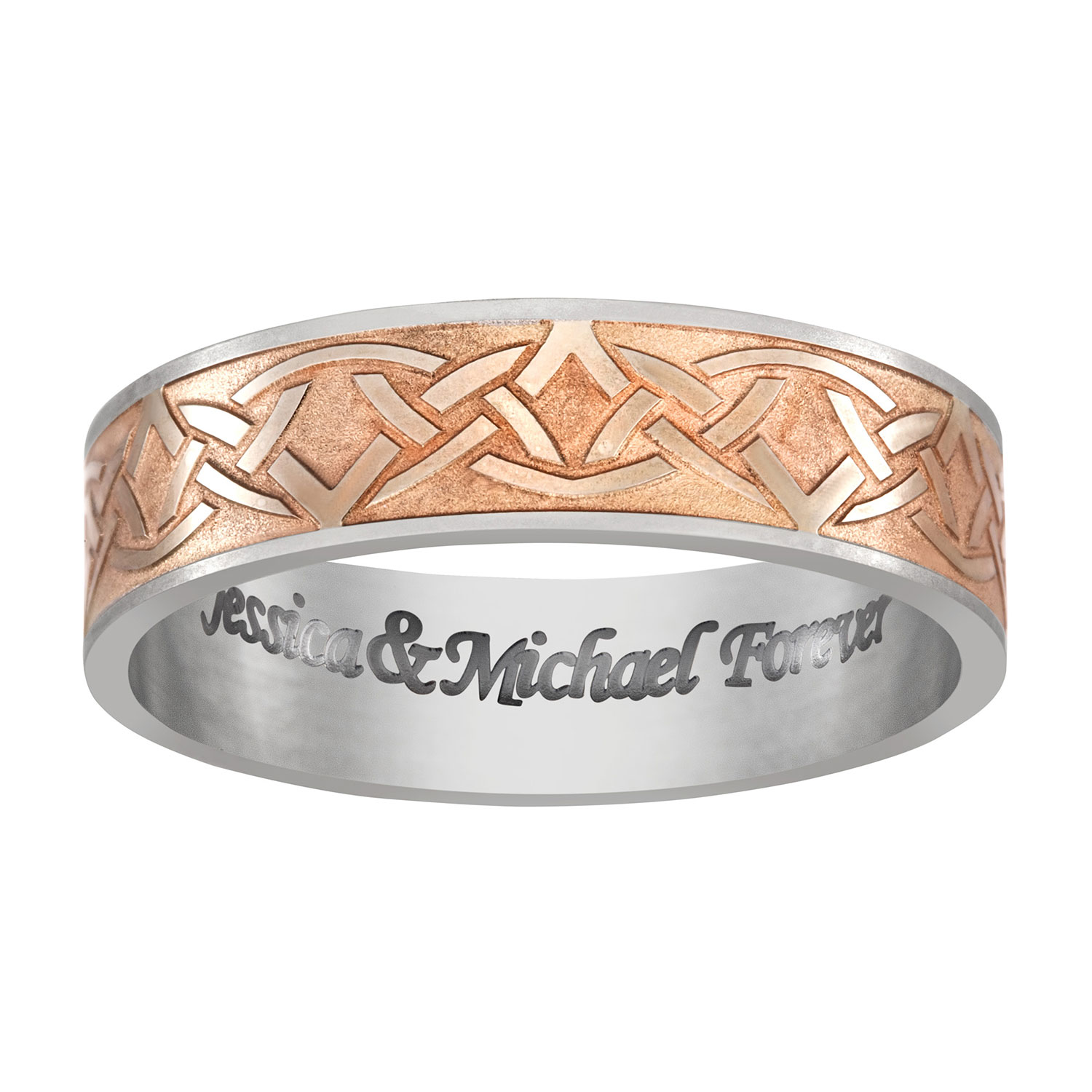 Men's Titanium & Rose Gold Celtic Knot Engraved Message Band - 6mm