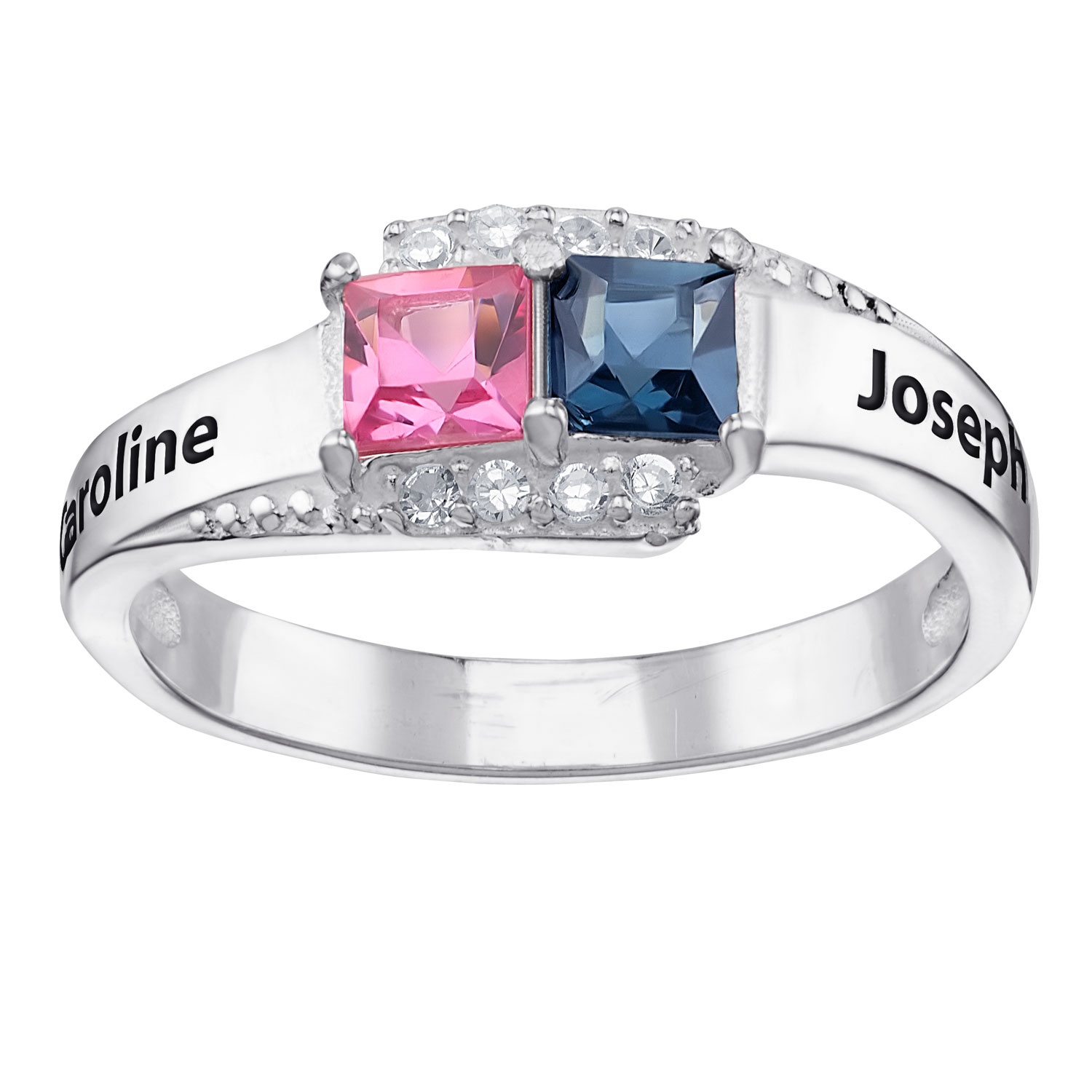 Sterling Silver Couple's Square Birthstone & CZ Highlight Ring