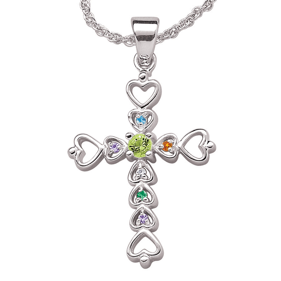 Sterling Silver Mother's Birthstone Heart Cross Necklace