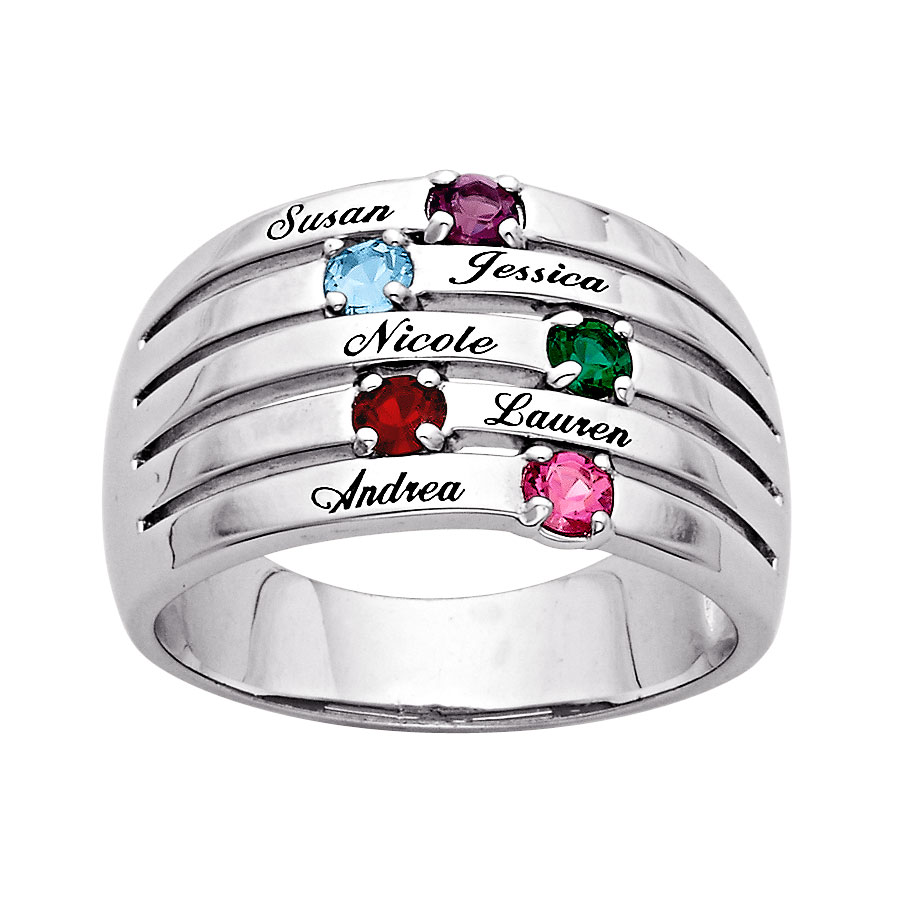 Sterling Silver Family Name & Birthstone Domed Ring