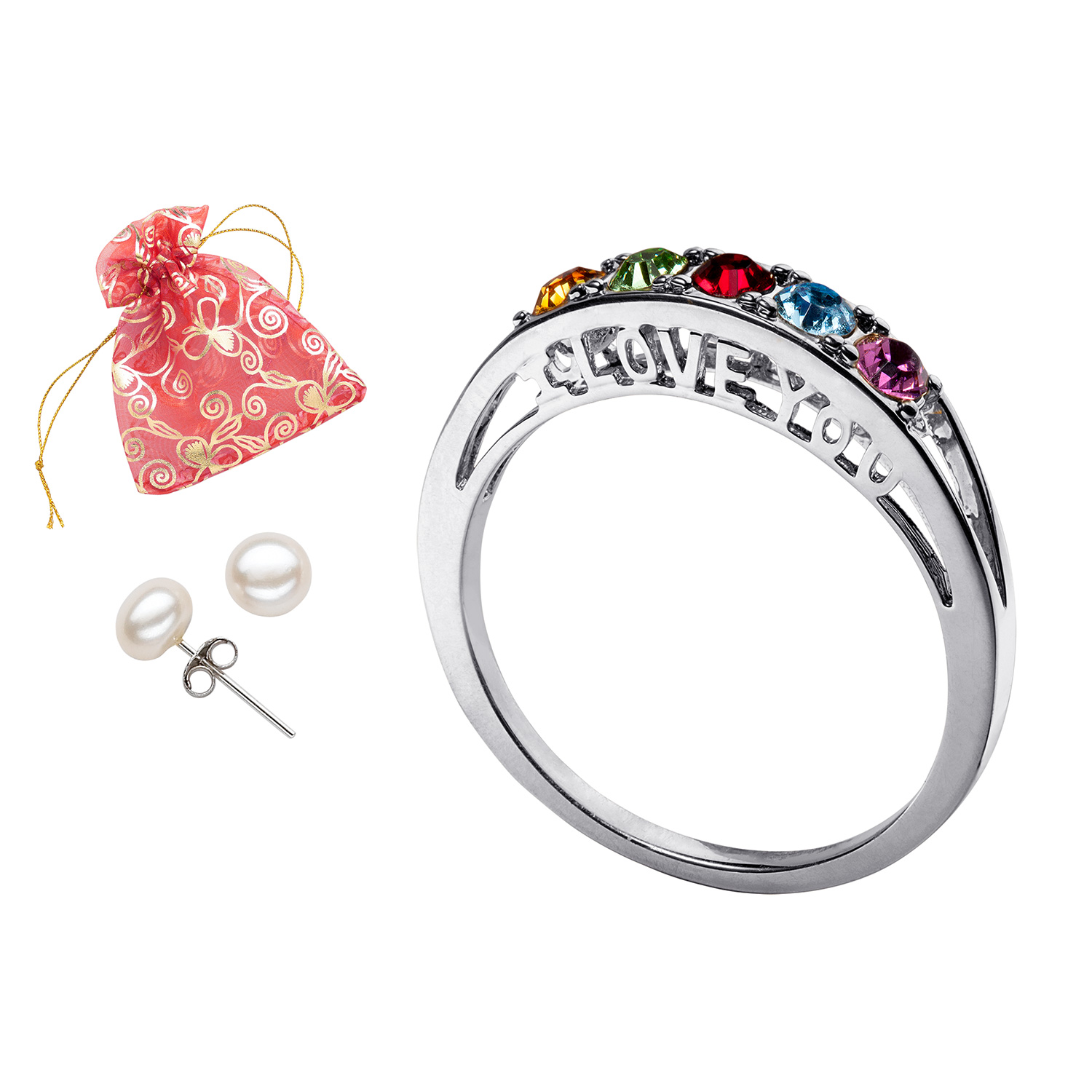 I Love You Family Birthstone Ring with Free Pearl Earrings