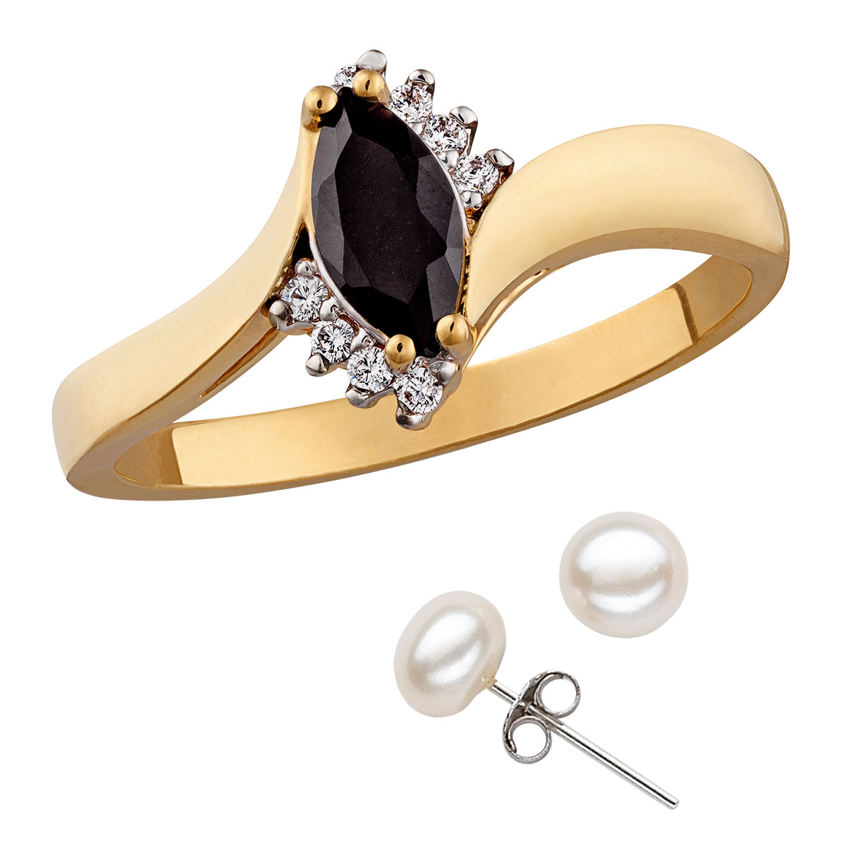 Marquise Onyx and Cubic Zirconia Accent Ring w/ Free Fresh Water Pearl Earrings