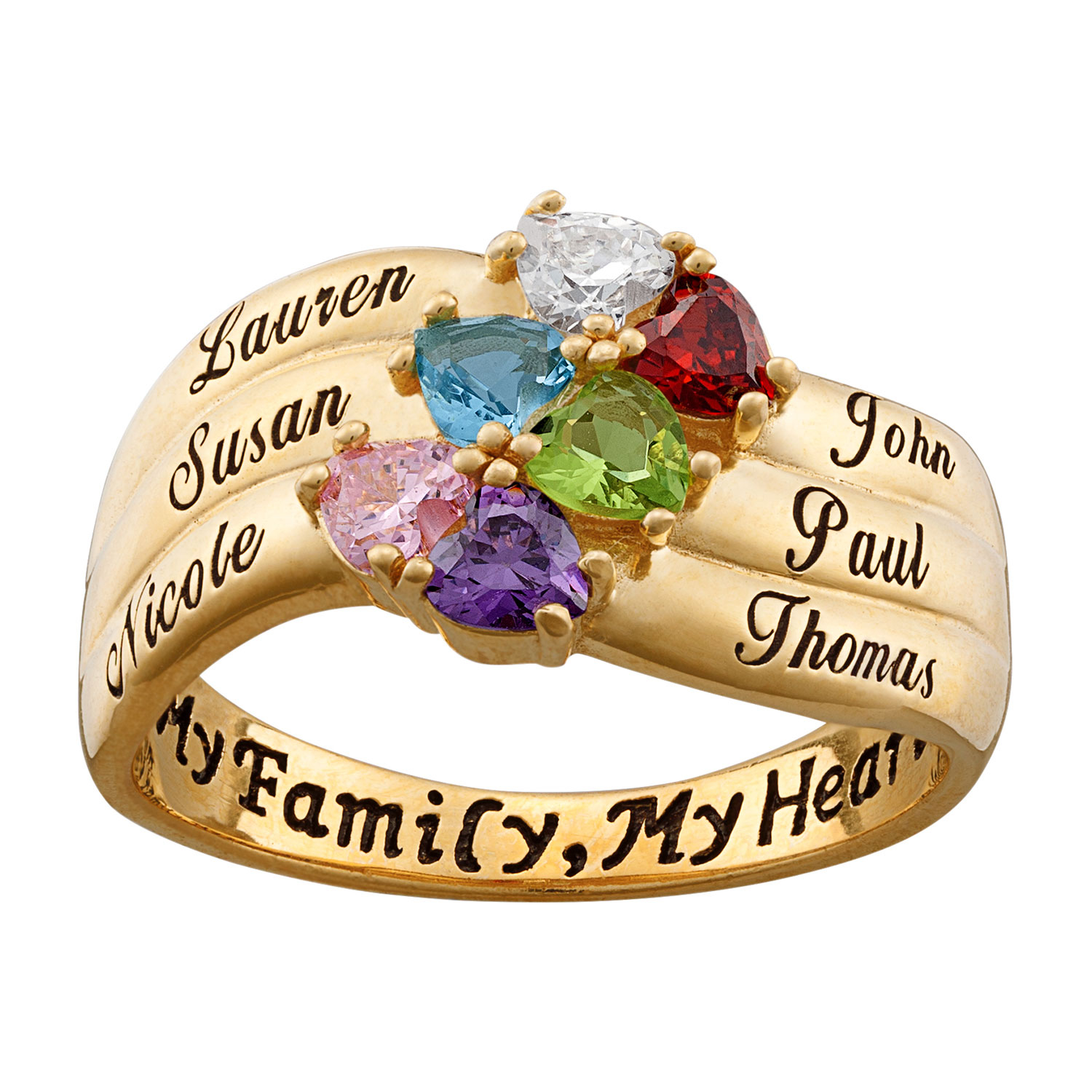 18K Gold Over Sterling Heart-Shaped Birthstone & Name Family Ring