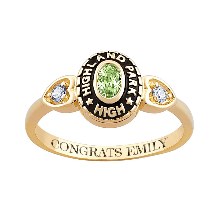 Women's 14K Gold Plated Traditional Oval Stone & CZ Heart Class Ring
