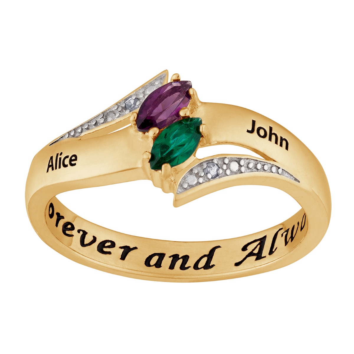 18K Gold over Sterling Couples Marquise Genuine Birthstone Name Ring with Diamond Accent