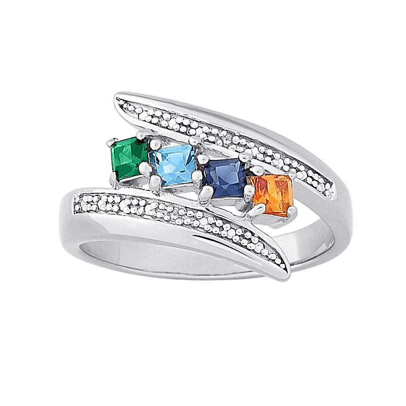 Sterling Silver Mother's Square Family Birthstone Ring with Genuine Diamonds
