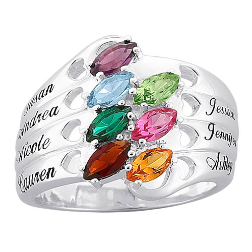 Silver Plated Family Name & Marquise Birthstone Hearts Ring
