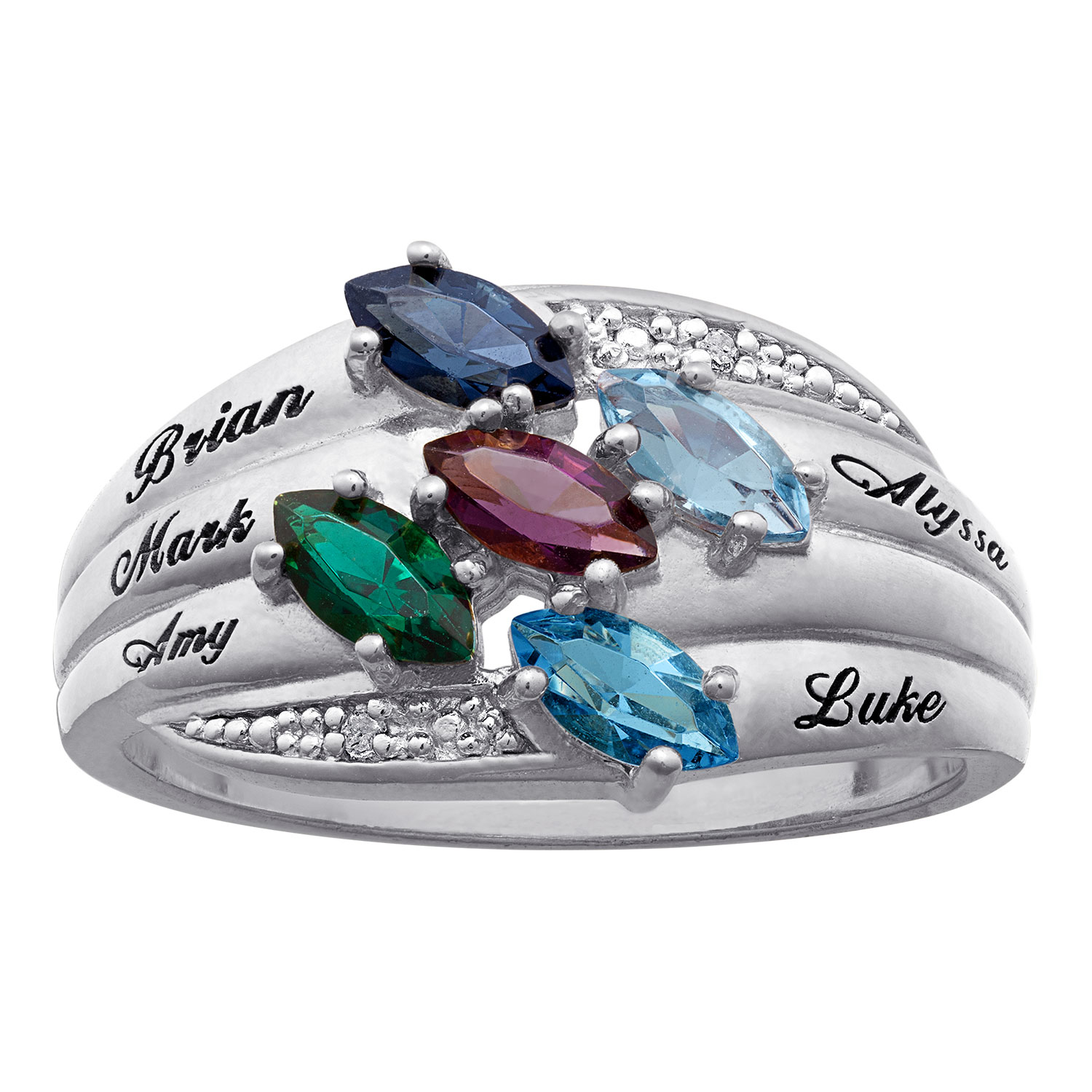 Silver Plated Family Name & Marquise Birthstone Ring with Genuine Diamond
