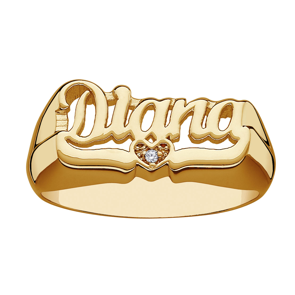 Ladies 14K Gold over Sterling Name Ring with Swirly Tail and Diamond accented Heart