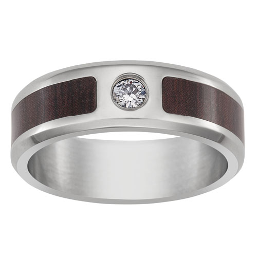 Titanium & Wood with CZ Accent Band Ring