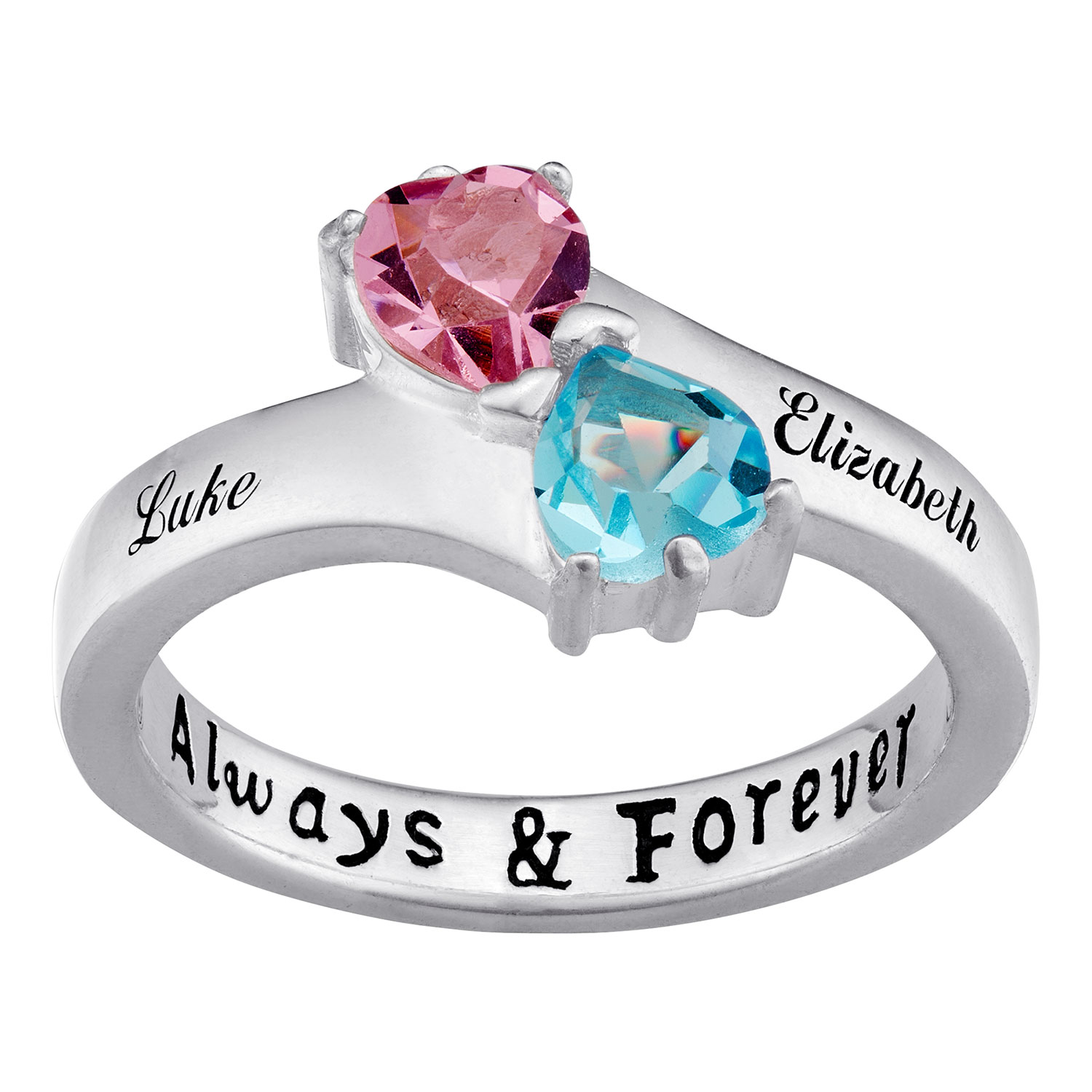 Sterling Silver Couples Name and Birthstone Hearts Ring