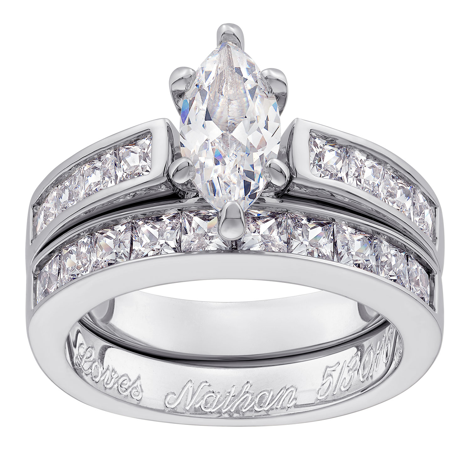 Sterling Silver Marquise CZ 2-Piece Engraved Wedding Ring Set