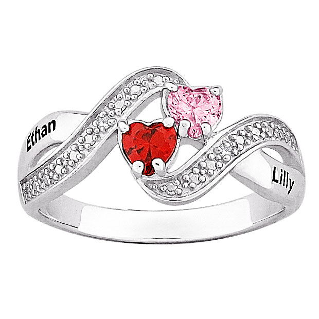 Sterling Silver Couples Name & Birthstone Hearts Diamond Ring