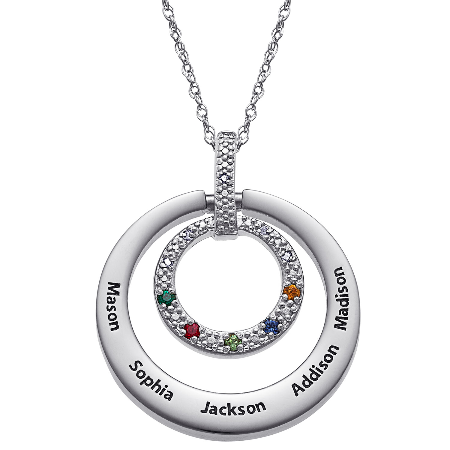 Sterling Silver & Stainless Steel Engraved Family Name & Birthstone Circle Diamond Necklace