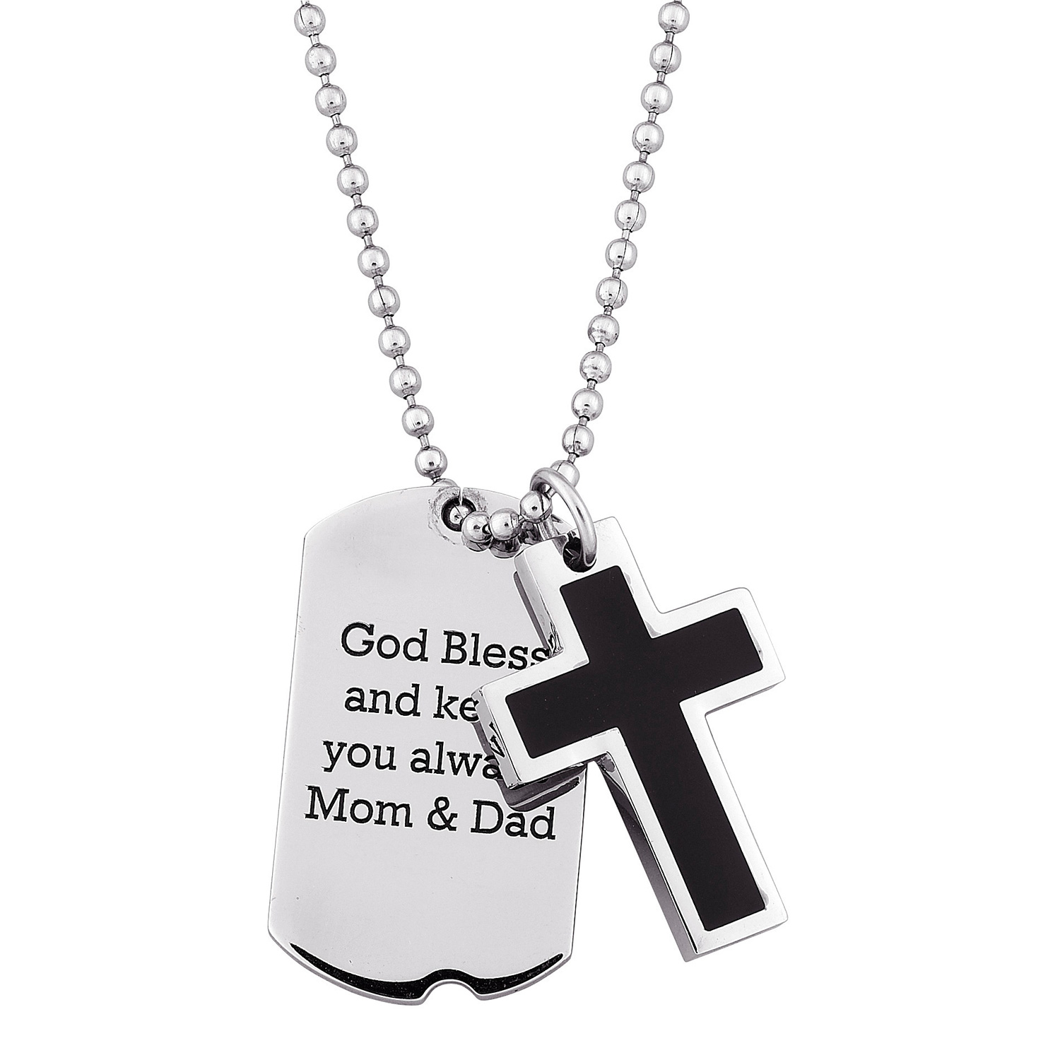 Two-Tone Stainless Steel Engraved Double Dog Tag Cross Necklace