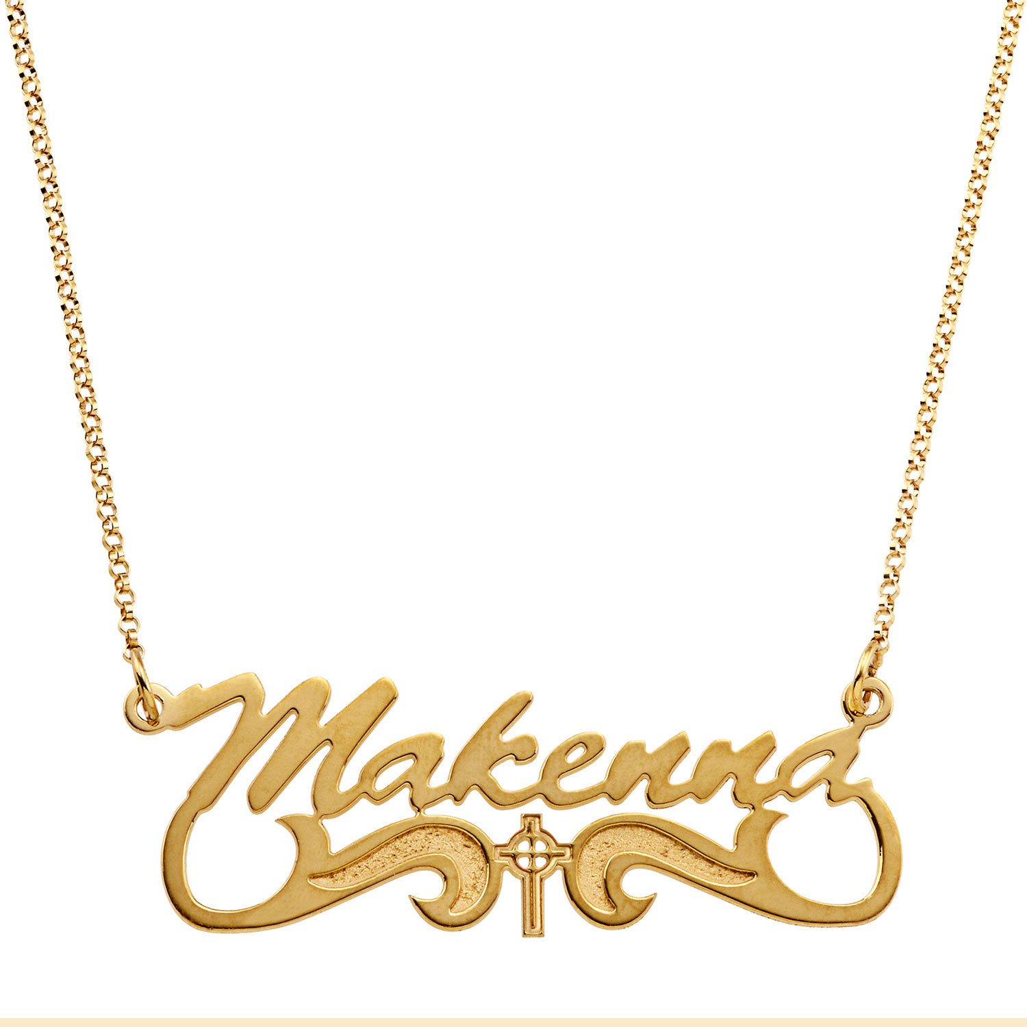 14K Gold over Sterling Name Necklace with Celtic Cross Tail