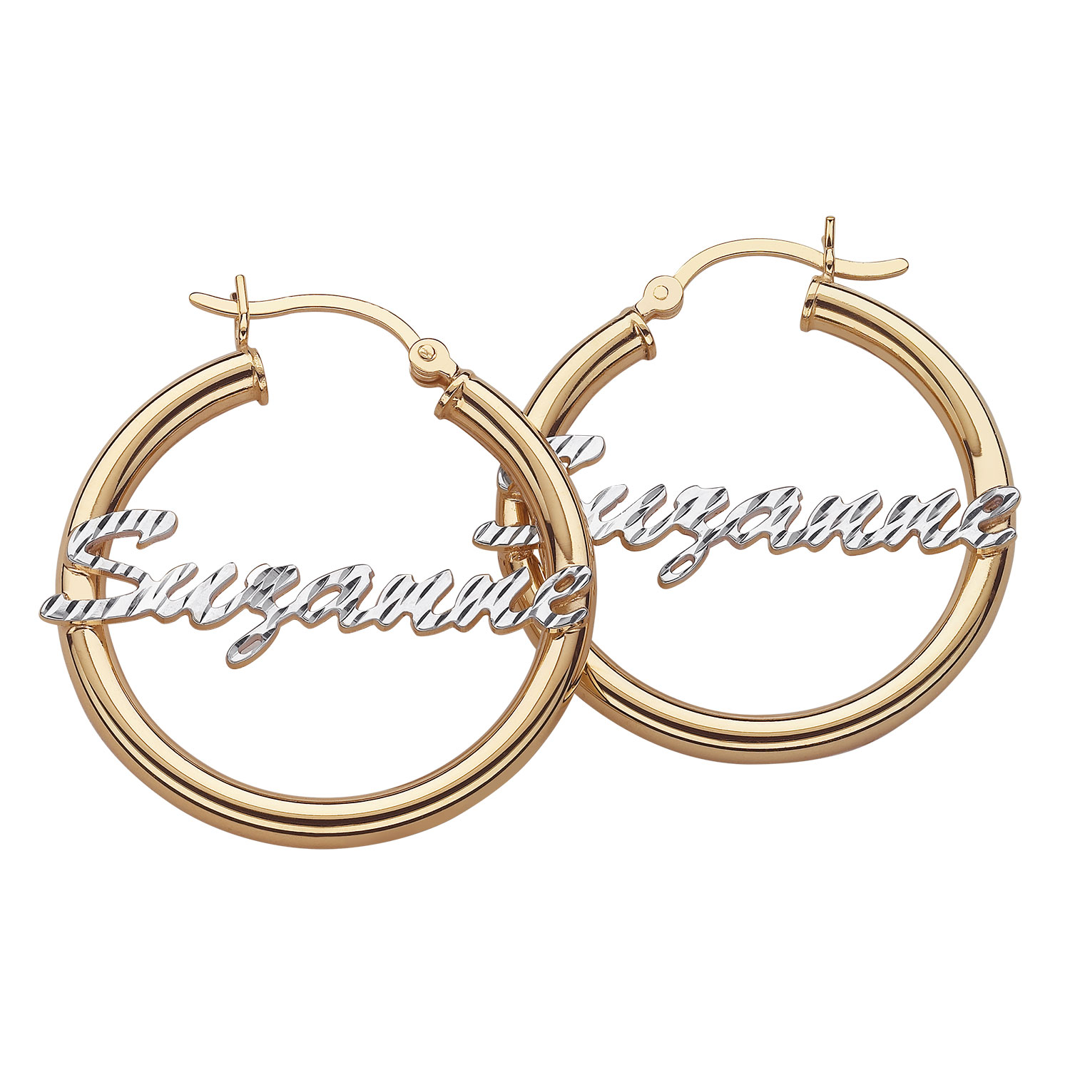 14K Gold over Sterling Diamond Cut Name Hoops