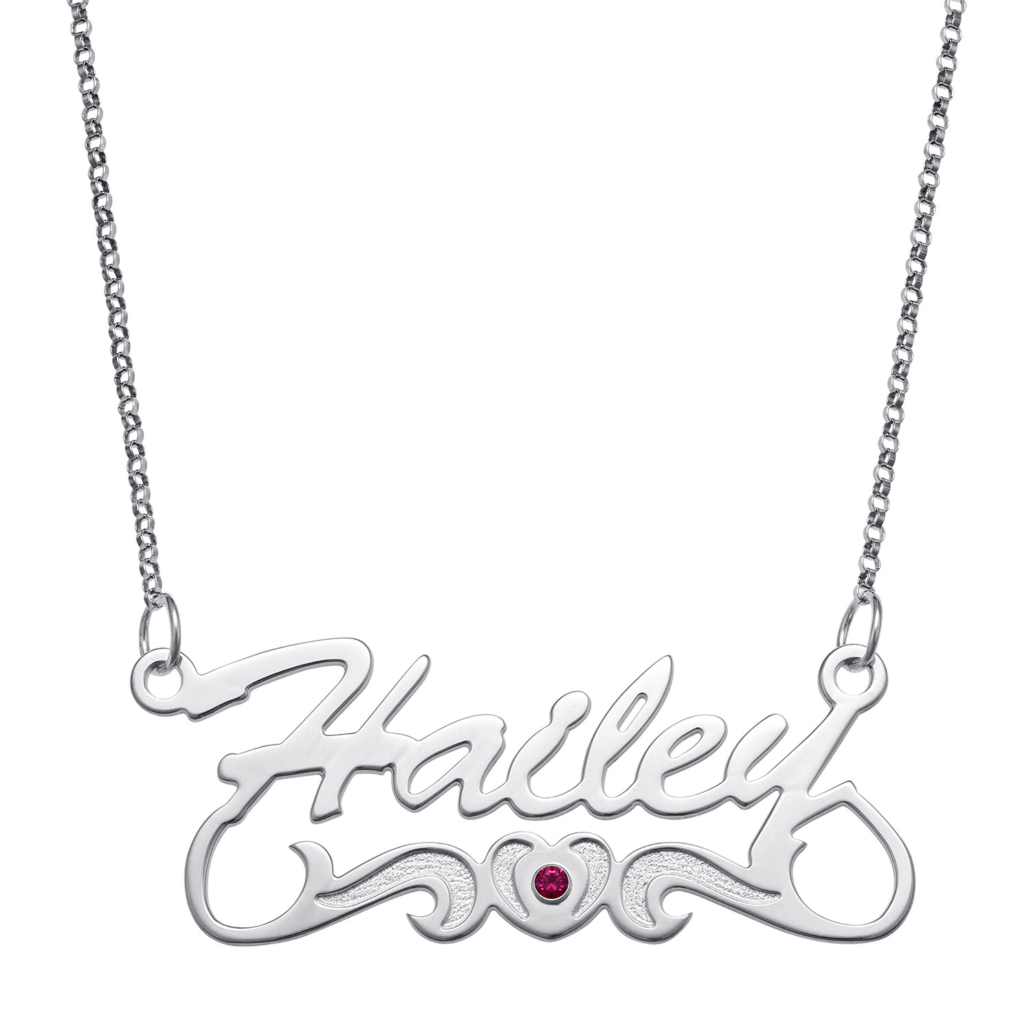 Sterling Silver Script Name Necklace With Birthstone Heart