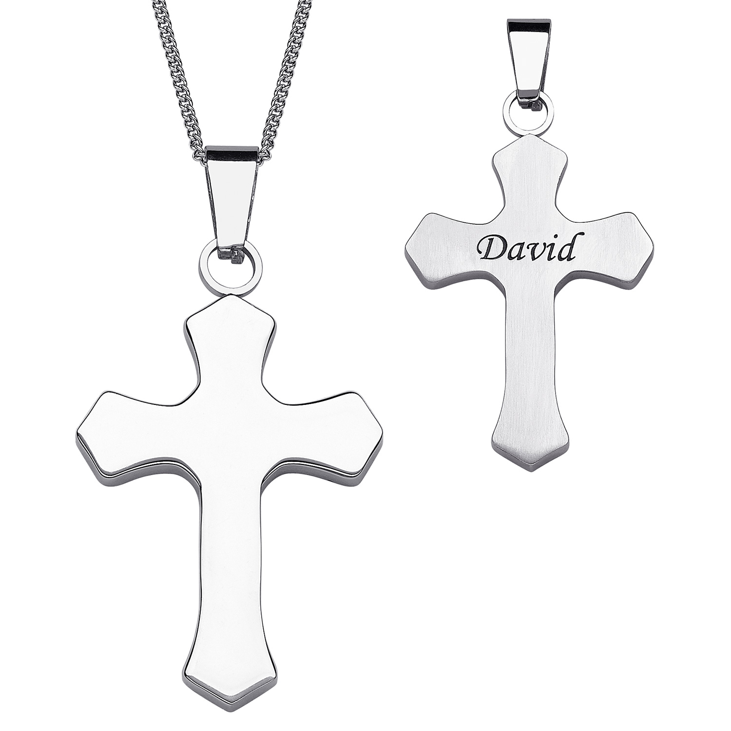 Stainless Steel Engraved Name Polished Cross Necklace