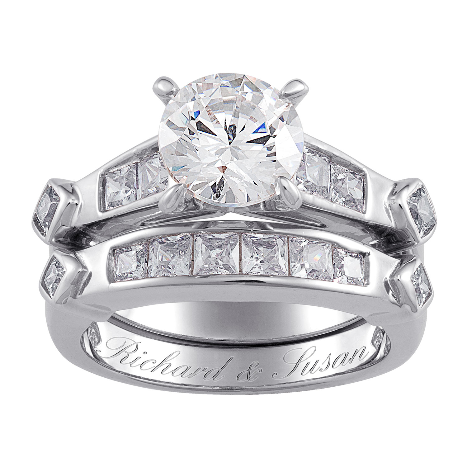 Sterling Silver 2-Piece CZ Engraved Wedding Ring Set