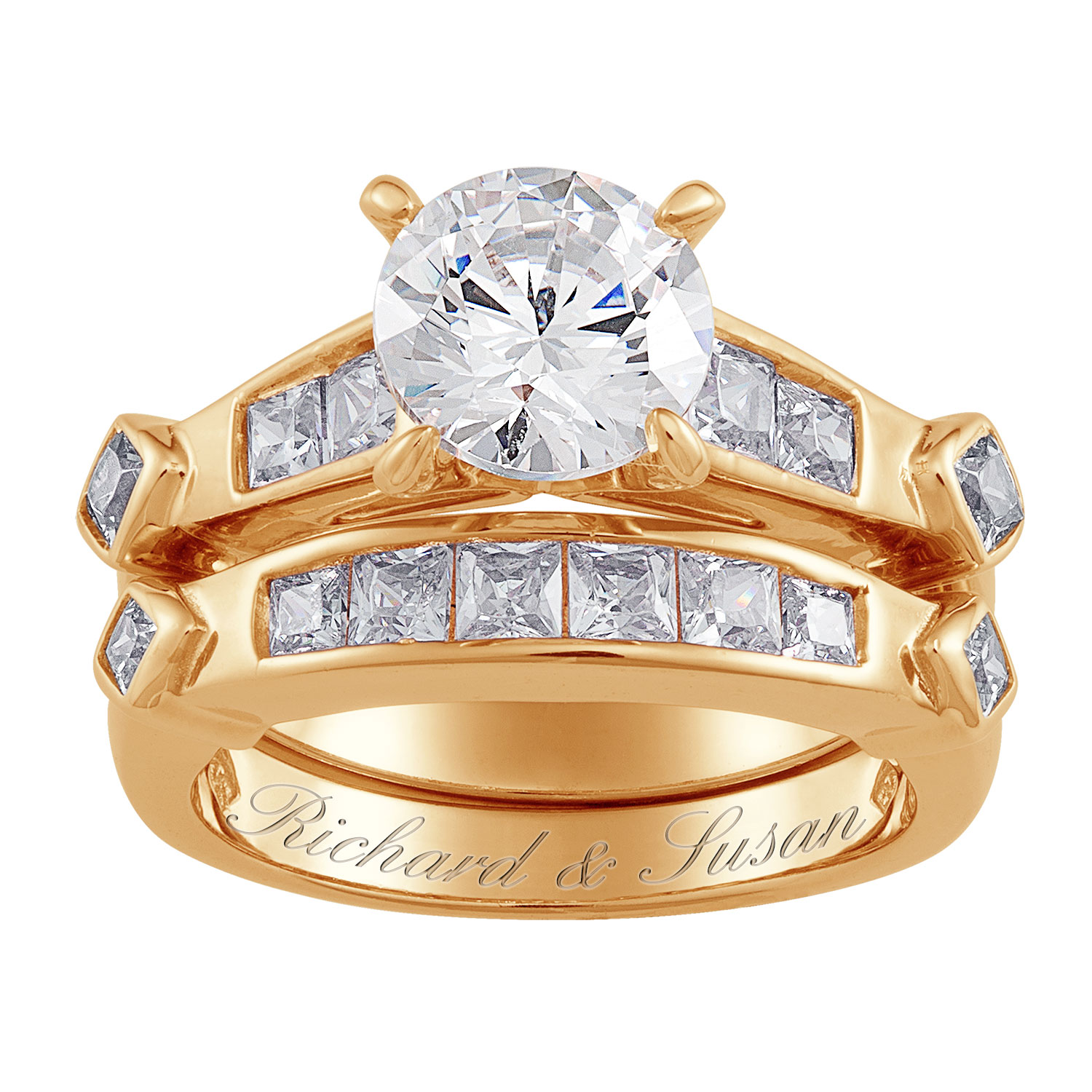 14K Gold over Sterling 2-Piece CZ Engraved Wedding Ring Set 
