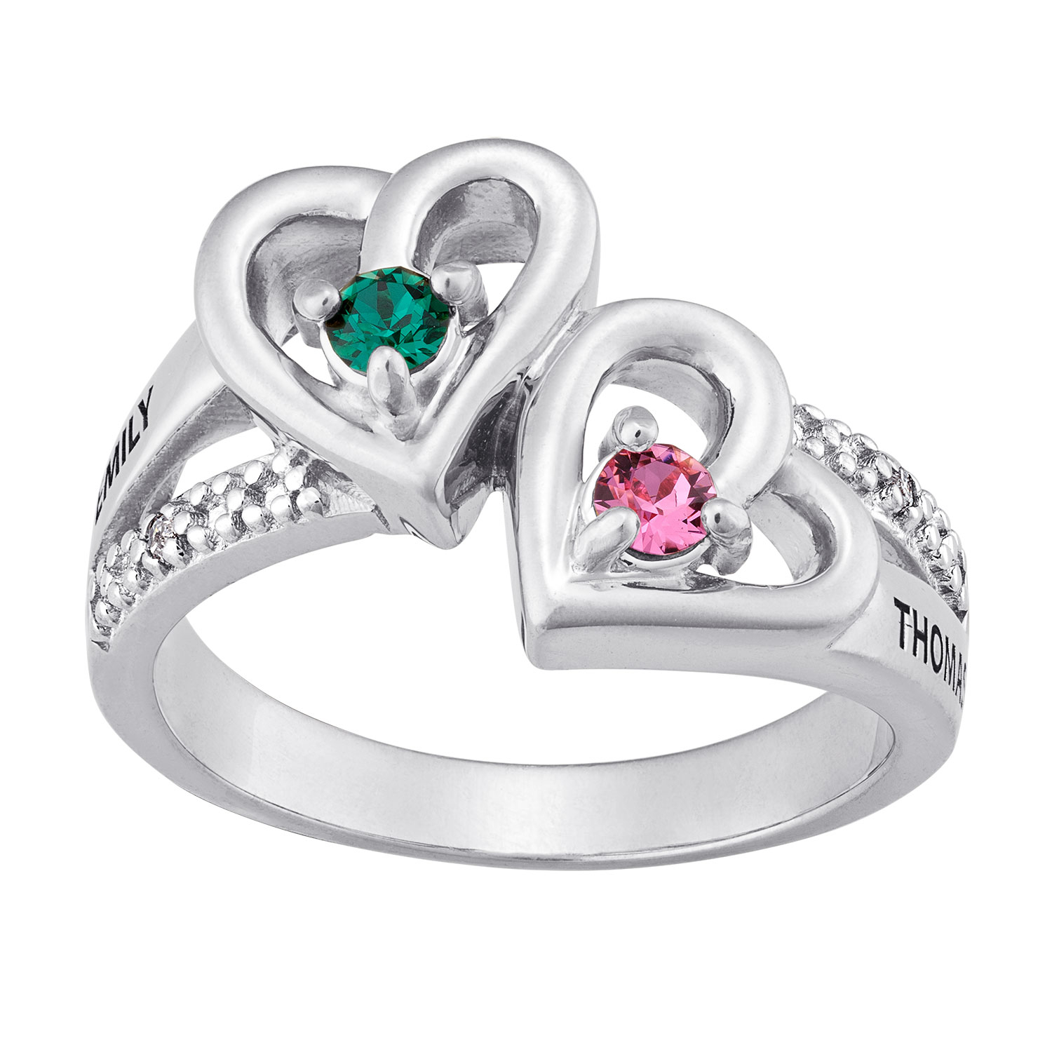 Couples Name and Birthstone Hearts Ring with Diamond Accent