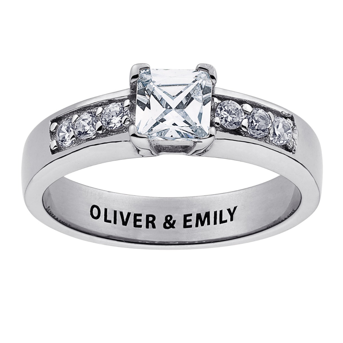 Sterling Silver Square CZ Engraved Wedding Ring