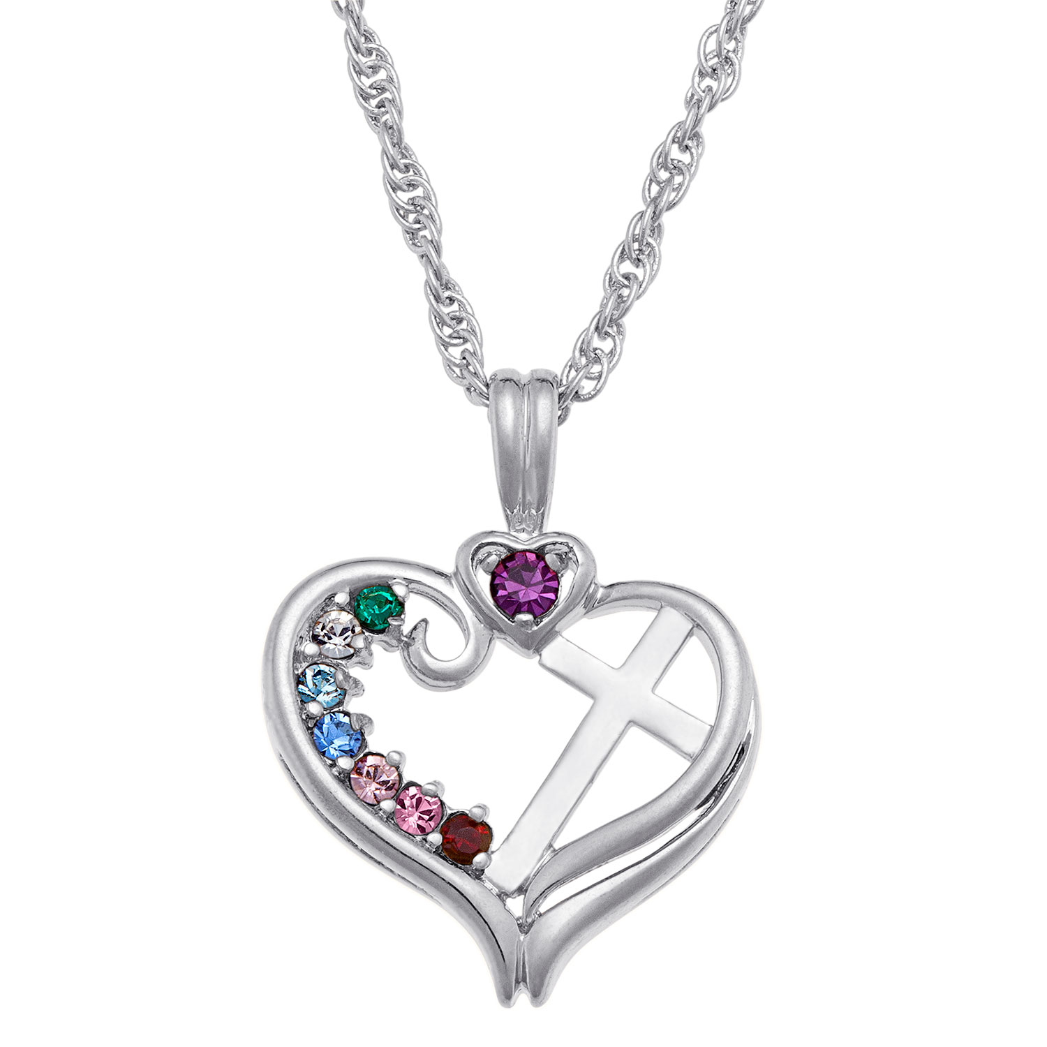 Sterling Silver Birthstone Heart Cross Necklace