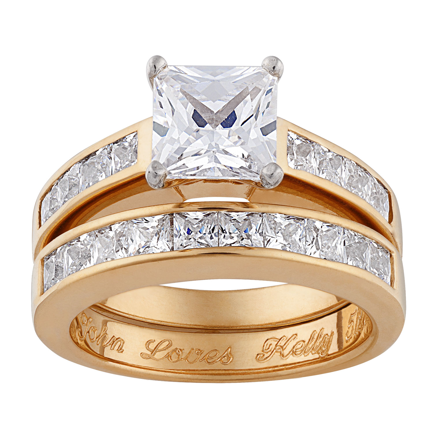 14K Gold Over Sterling Two-Piece Square CZ Engraved Wedding Ring Set