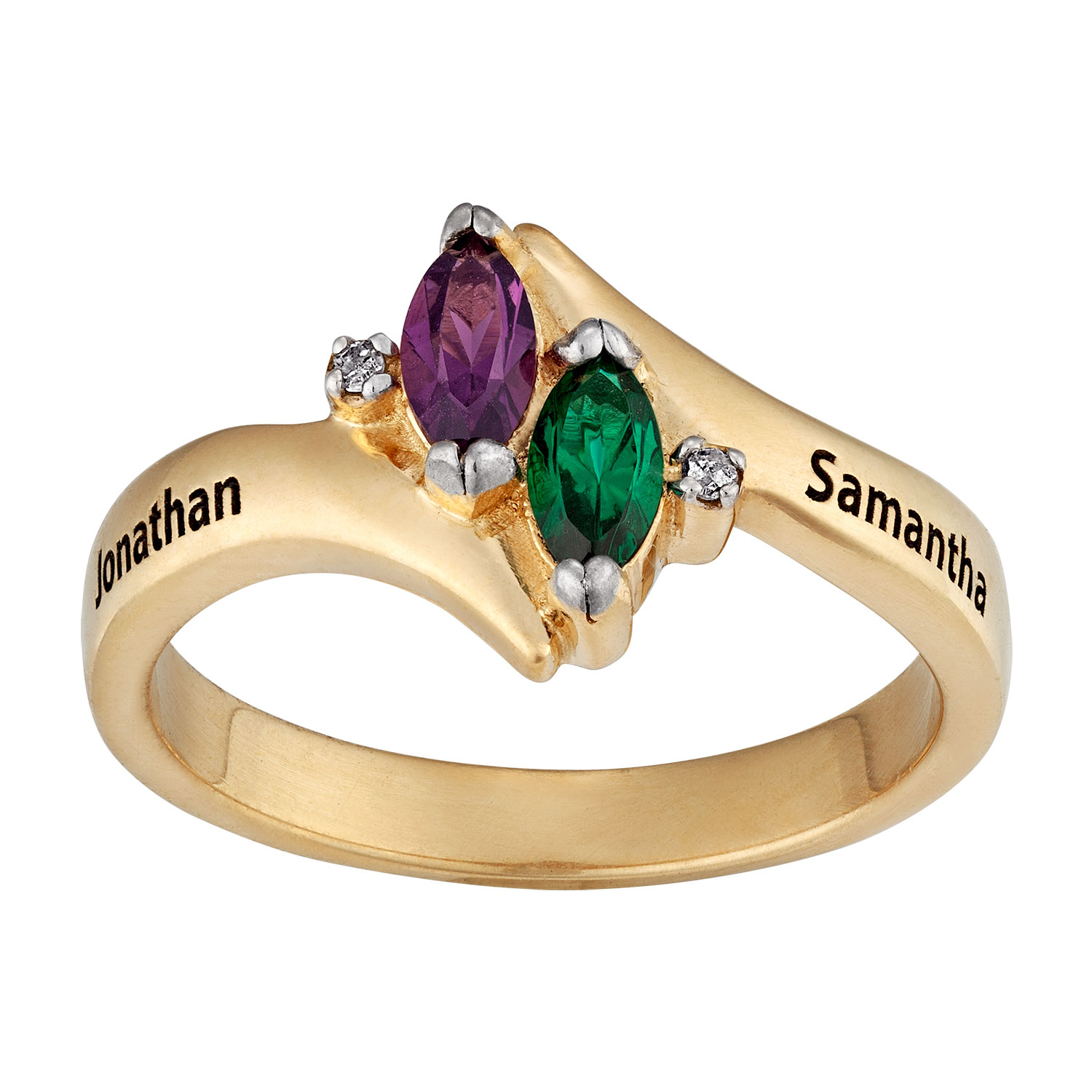 14K Gold over Sterling Couple's Birthstone Name Ring with Diamond Accents