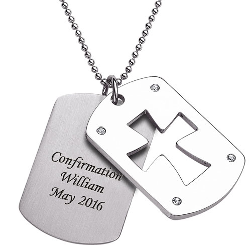 Stainless Steel Double Dog Tag Engraved Cross Necklace