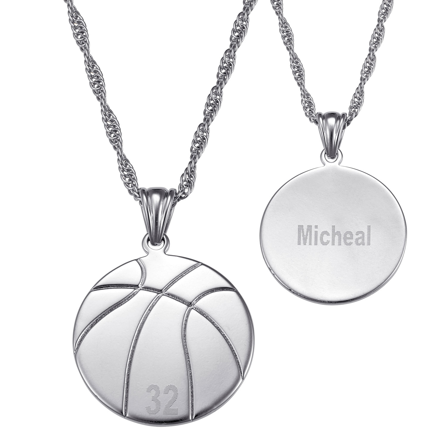Silver Plated Engraved Basketball Necklace