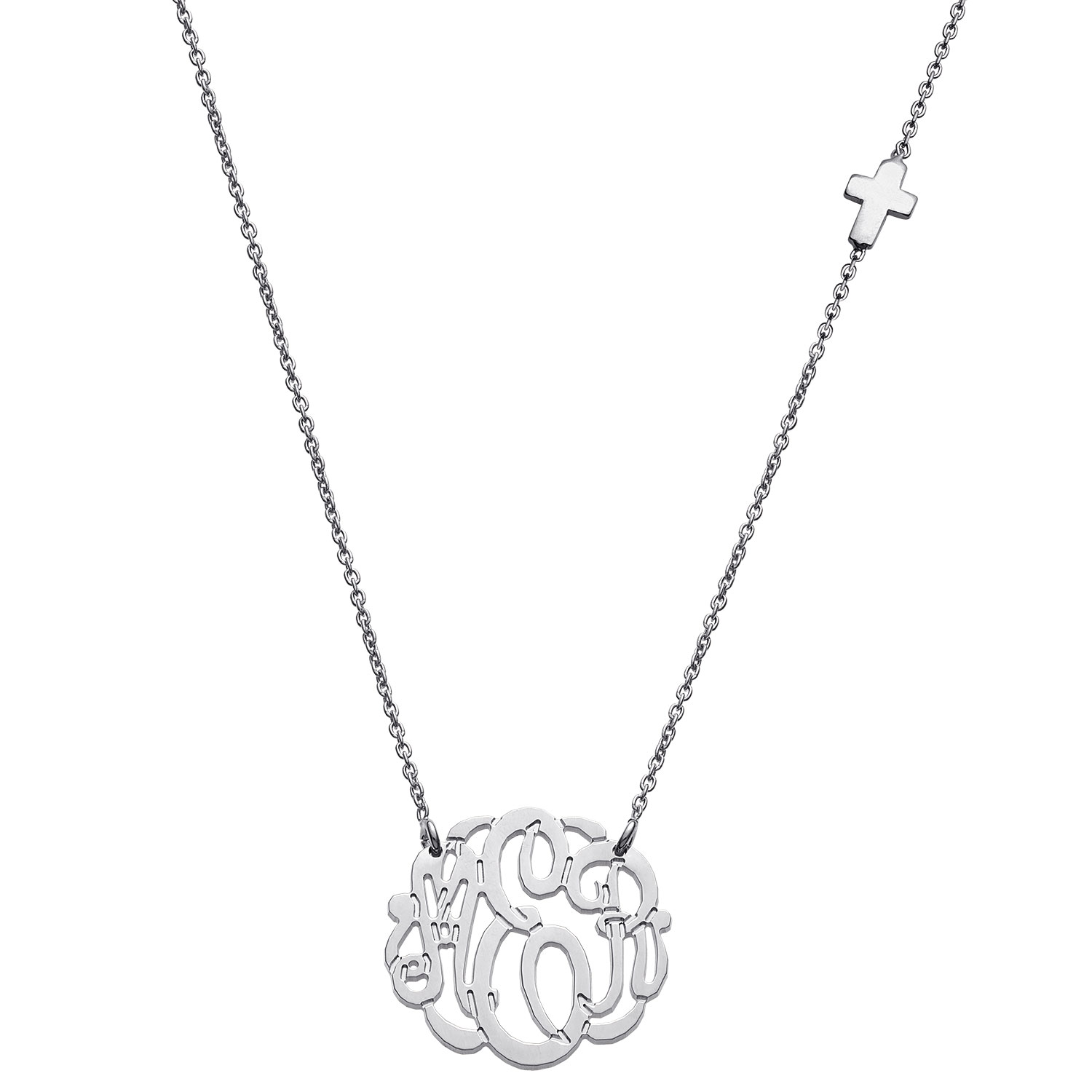 Sterling Silver 3 Initial Monogram Necklace with Cross Charm - Petite