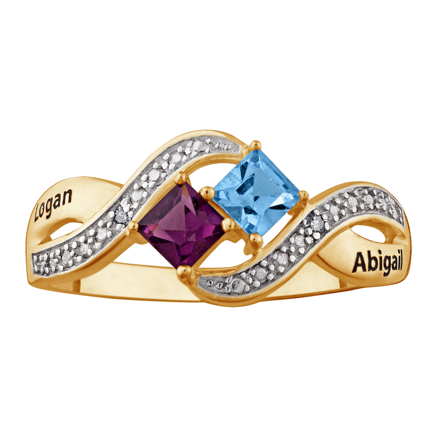 10K Yellow Gold Couples Square Cut Name & Birthstone Ring with Diamond Accent